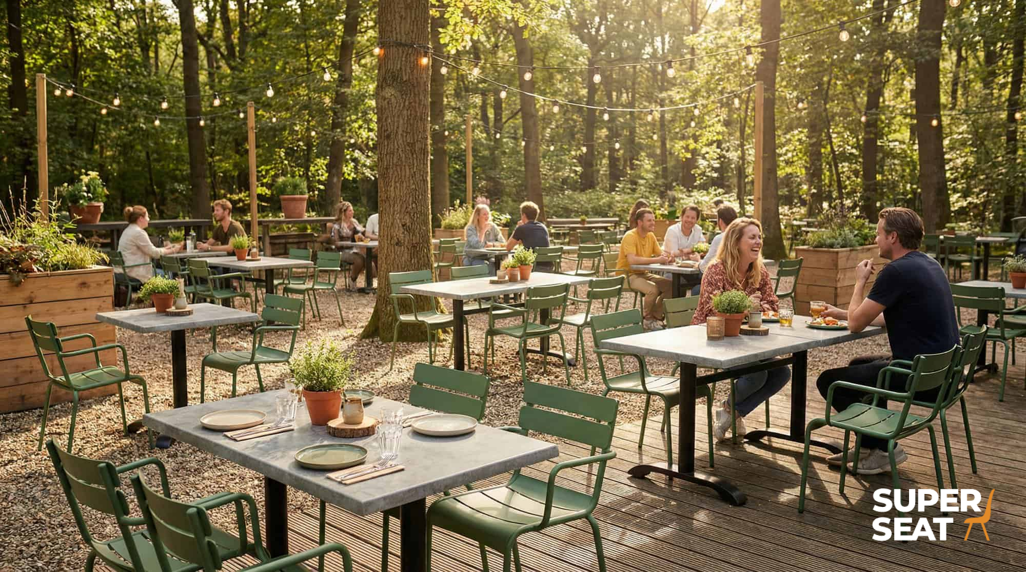 Super-Seat |Gaststättenterrasse Luxemburg|Grüne Sessel und Holztische mit Pflanzen, umgeben von Bäumen und Stimmungslicht. | Catering Möbel