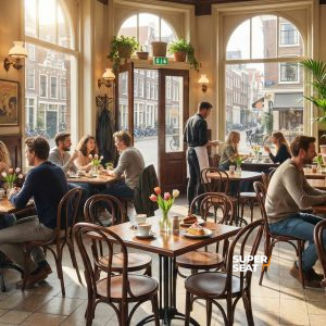 Super-Seat | Dunkelbraune Thon-Stapelstühle und Holztische in einem belebten Café mit Blumen und Sonnenlicht. | Catering Möbel