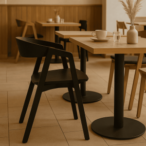 Super-Seat | Skandinavische Esszimmerstühle Schwarzes Holz Holztische, schwarze Stühle, neutrale Töne, Pampasgras in Vase. | Catering Möbel