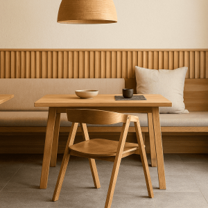 Super-Seat | Malmö Skandinavische Gastfreundschaft Stühle Holz Honig Braun | Honingbruine houten tafel, stoelen & bank; beige kussen; Scandinavisch minimalisme |. | Horecameubilair