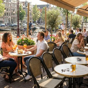 Super-Seat | Terrassentisch Gusseisen 3 Teens Paris schwarz | Schwarze gusseiserne Tische & Metallstühle stehen an einem Kanal in der Sonne. | Catering Möbel