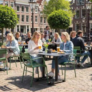 Super-Seat |HPL Gastfreundschaft (Terrasse) Tischplatten Mondrelief schwarz 120x70cm Schwarze HPL-Tische, grüne Stühle, Ziegelplatz, Fahrräder, Bäume. | Catering Möbel