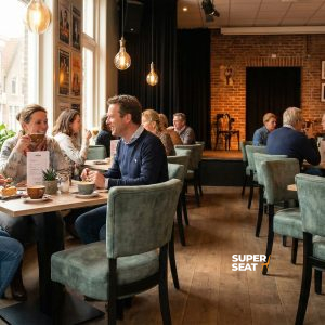 Super-Seat | Lisa Rome Gastfreundschaft Stühle Velours Vintage grün Velours grüne Stühle, Holztische in Café mit Backsteinwänden und warmer Atmosphäre. | Catering Möbel