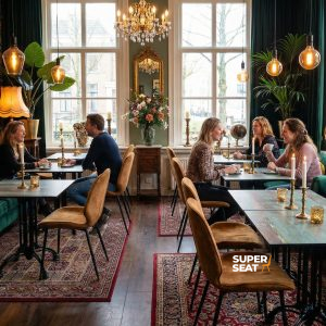 Super-Seat |HPL Hospitality Terrace Tables Samtbänke, kupfer- und rostfarbene HPL-Tische 70x70cm; Vintage-Café-Einrichtung mit Sitzgelegenheiten. | Catering Möbel