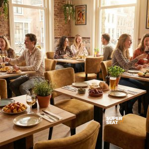 Super-Seat | Gelbe Samtstühle und Holztische, Backsteinwände, große Fenster, viel Licht. | Catering Möbel
