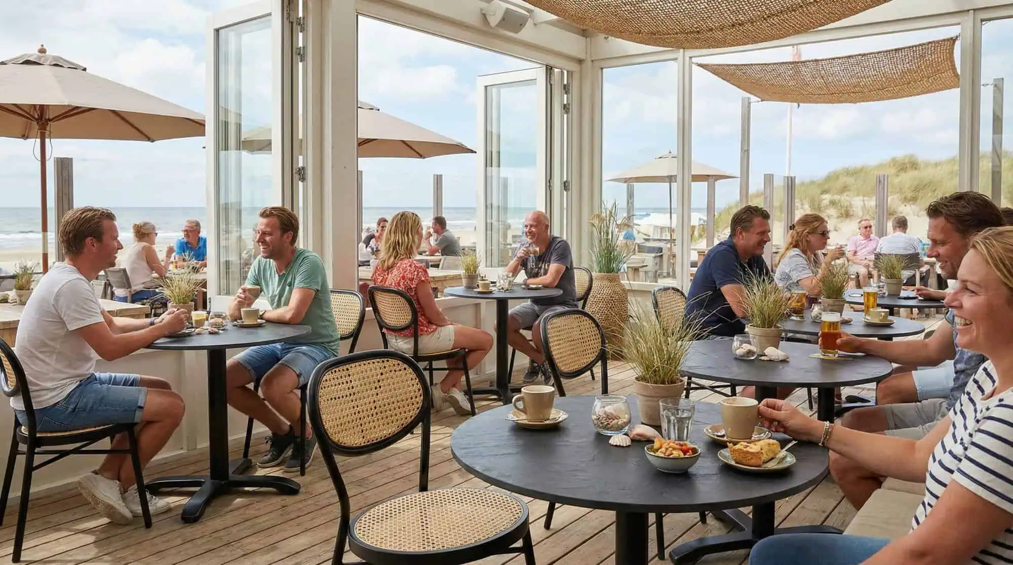 Super-Seat | Schwarze Stühle und Barhocker um schwarze HPL-Rost/Kupfer-Tische, Blick auf Dünen und Meer. | Catering Möbel