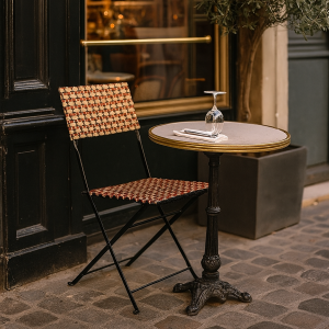 Super-Seat | Ein kleiner runder Café-Tisch mit einem leeren Pariser Plastik-Rattan-Klappstuhl (Terrasse) Prada... | Weißer Kunststoff-Rattan-Klappstuhl mit Metallgestell, runder Holztisch, Glas und ein großer Blumentopf daneben. | Catering Möbel