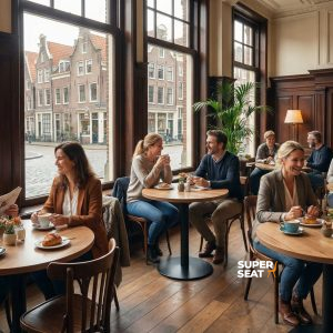 Super-Seat | Runde Holztische mit schwarzem Metallgestell, Holzstühle, Pflanzen und warme Caféfarben. | Catering Möbel