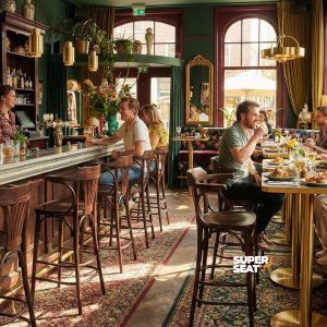 Super-Seat | Gemütliches Restaurantinterieur | Grüne Wände, geblümte Sofas, rote Café de Paris-Stühle und Terrassenstühle aus Korbgeflecht mit Armlehnen. | Catering Möbel