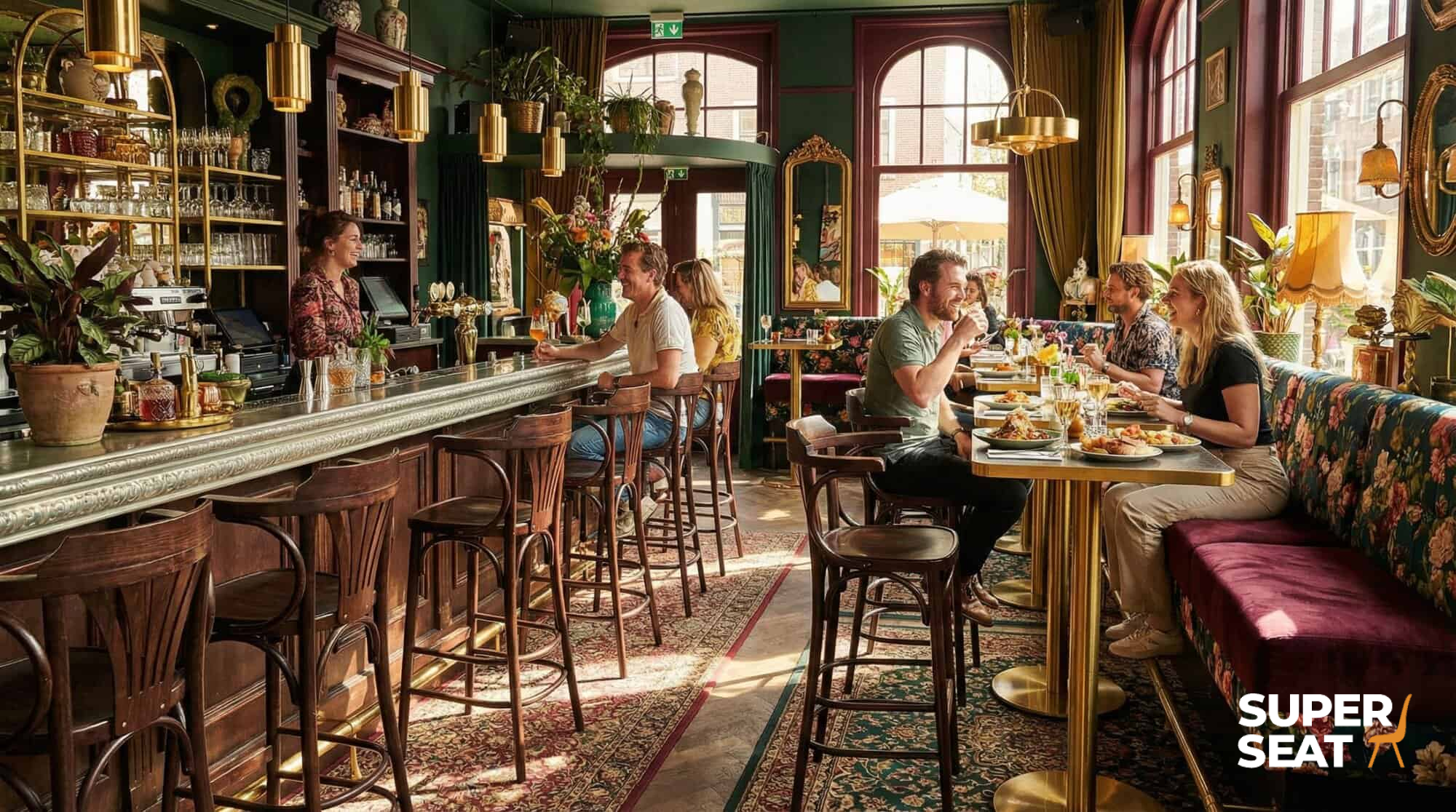 Super-Seat | Gemütliches Restaurantinterieur | Grüne Wände, geblümte Sofas, rote Café de Paris-Stühle und Terrassenstühle aus Korbgeflecht mit Armlehnen. | Catering Möbel