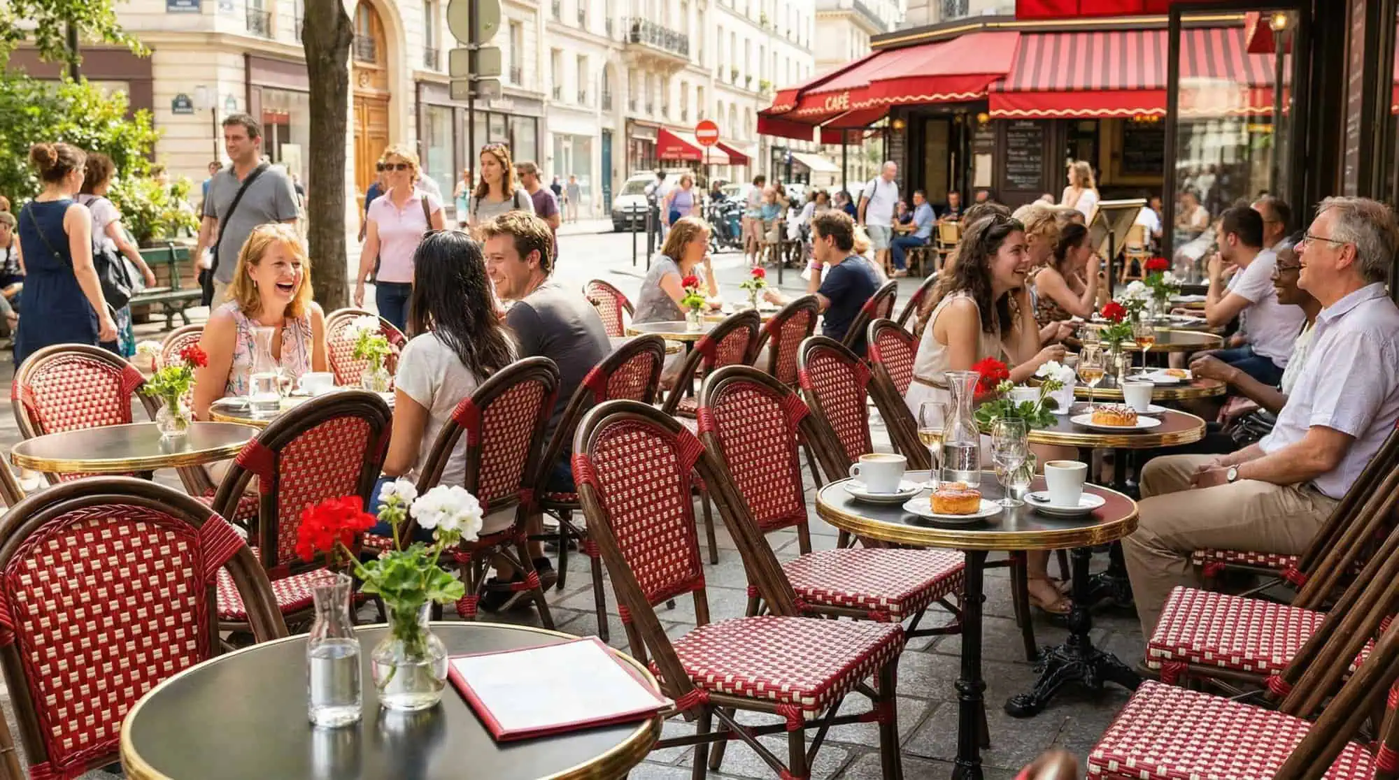 Super-Seat | Sie sehen rote Korbsessel mit Armlehnen und kleine runde Tische aus Metall, draußen auf einer belebten Terrasse. | Catering Möbel