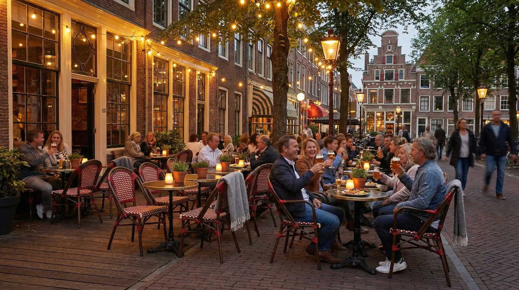 Super-Seat |Terrassenstühle aus Korbgeflecht mit Armlehnen, Holztische an der Straße zwischen Bäumen und alten Gebäuden. | Catering Möbel