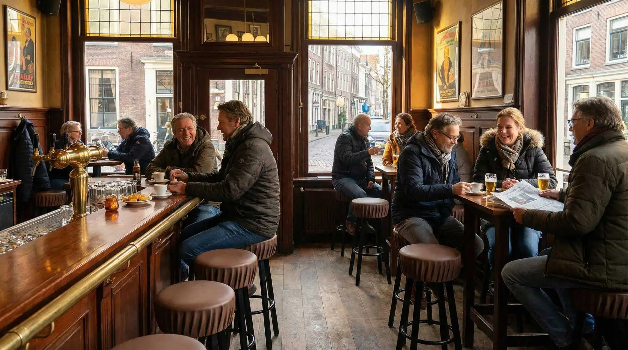 Super-Seat | Industrielle Barhocker Dunkelbraun | Dunkelbraune industrielle Barhocker aus Metall und Holz, Tische aus Holz, große Fenster, Poster an der Wand. | Catering Möbel