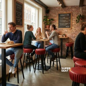 Super-Seat | Industrielle Pub-Barhocker bordeauxrot | Bordeauxrote Lederbarhocker, Holztische und -stühle in einem gemütlichen Backsteinpub. | Catering Möbel