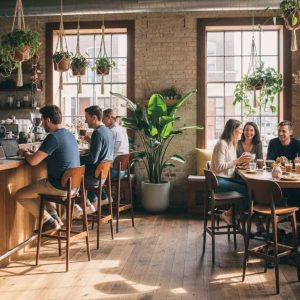 Super-Seat | Schwarze Barhocker aus Metall und Holz an hohen Tischen, helles Café mit vielen Pflanzen. | Catering Möbel
