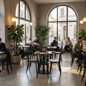 Super-Seat | Schwarze Holzstühle, helle Holztische, Pflanzen und große Fenster in einem modernen Café. | Catering Möbel