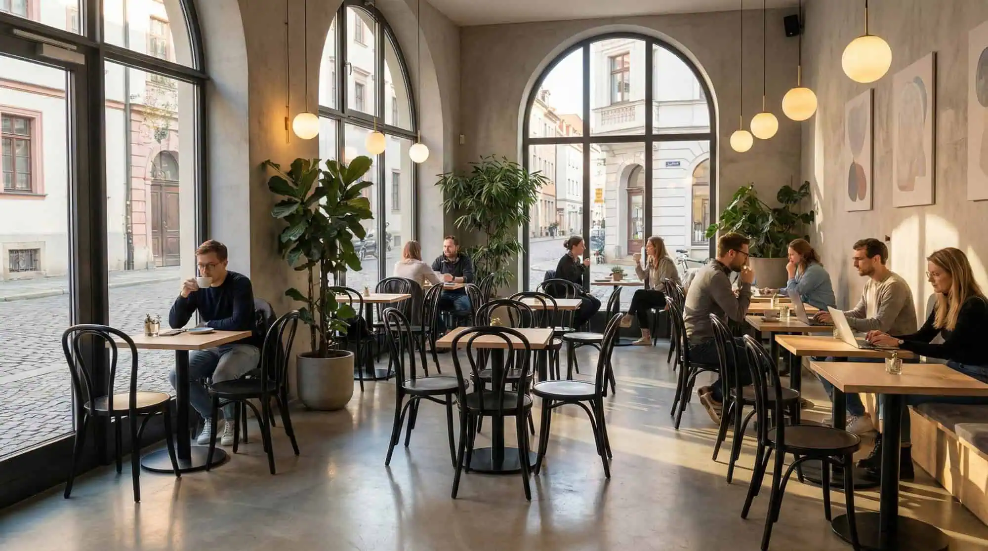 Super-Seat | Schwarze Holzstühle, helle Holztische, Pflanzen und große Fenster in einem modernen Café. | Catering Möbel