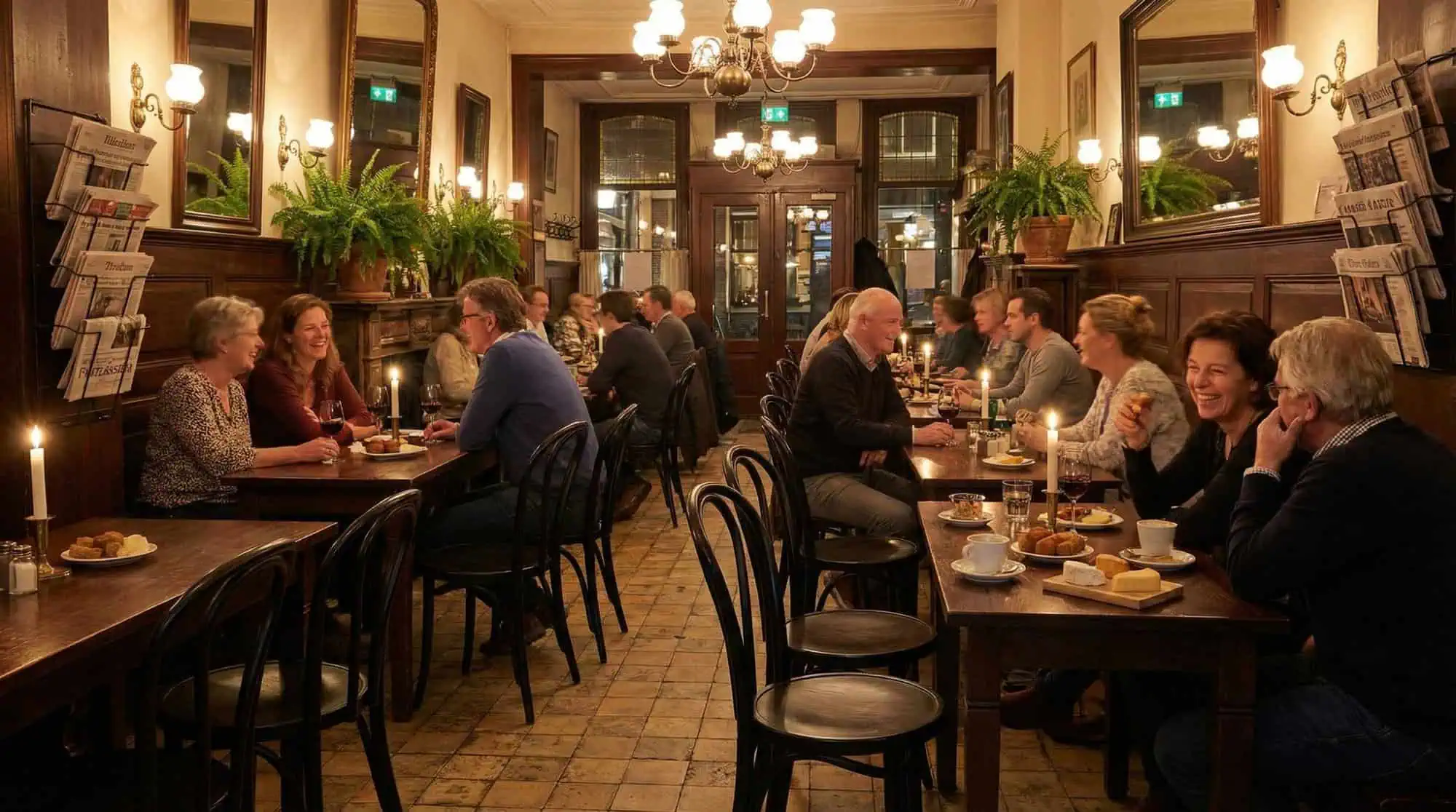 Super-Seat | Schwarze Holzstapelstühle, Holztische, Barhocker; Spiegel und Pflanzen für einen warmen Look. | Catering Möbel