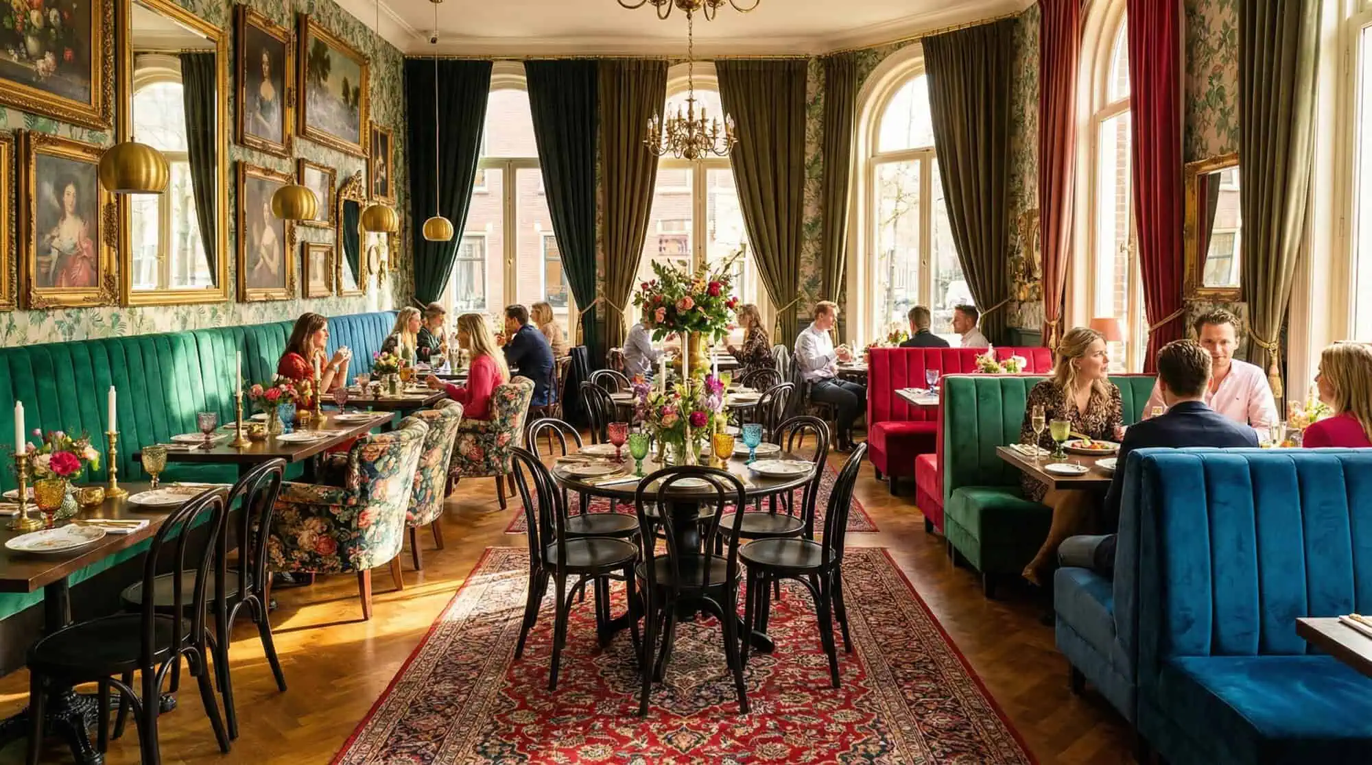 Super-Seat | Light business mit schwarzen Holzstapelstühlen, grünen Samtsofas, geblümten Stühlen und Holztischen. | Catering Möbel