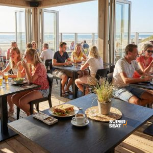 Super-Seat | Schwarze Melamintische 120x67cm mit Metallfuß, Meerblick, leichte Strandkörbe. | Catering Möbel
