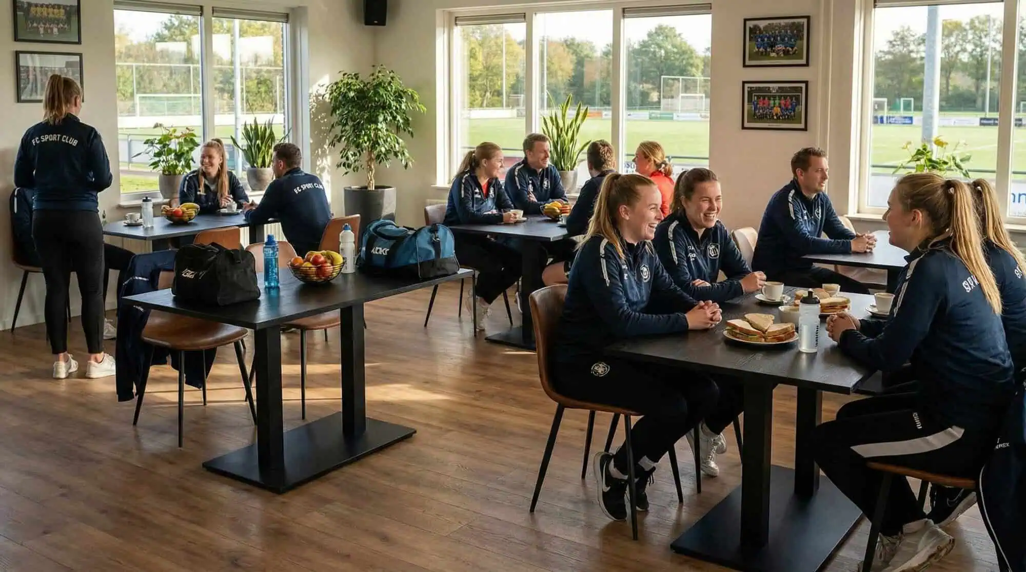 Super-Seat | Hospitality Kantinentisch Schwarz Melamin | Schwarze Melamintische 120x67cm mit Metallfuß, Stühle rundherum, Mannschaftssportessen. | Catering Möbel