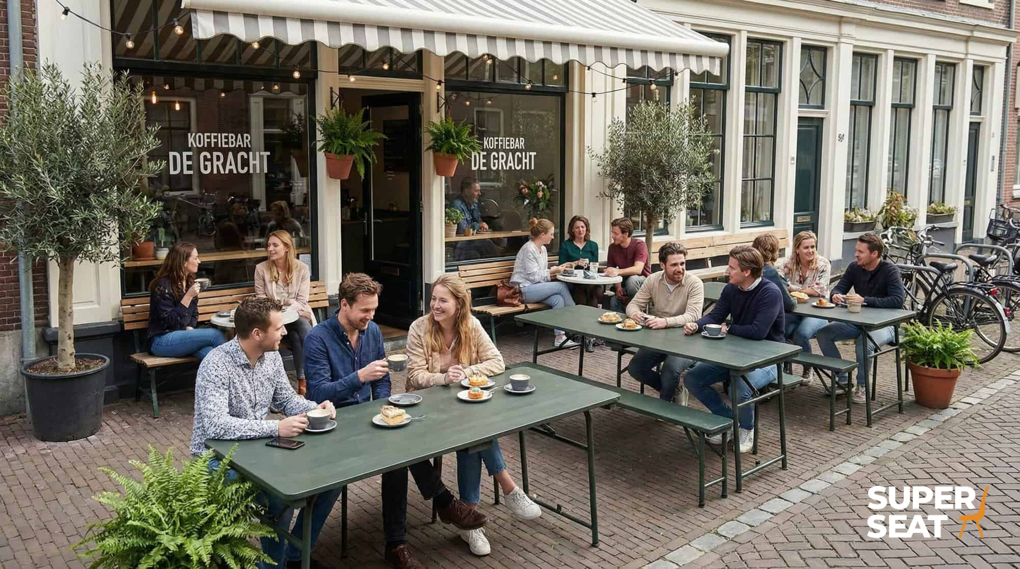 Super-Seat | Unique Army field tables army green at Coffee Bar De Gracht Grüne Metallklapptische, Holzstühle, schwarze Barhocker Terrasse. | Catering Möbel