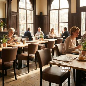 Super-Seat | Stühle und Tische Inspiration | Dunkelbraune Holzstühle, Tische und Barhocker in einem hellen Café mit großen Fenstern und Pflanzen. | Catering Möbel