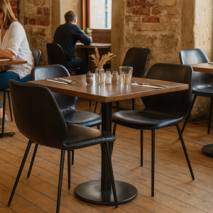 Super-Seat | A wooden table set with Seashell Ocean Vintage Lederstühle schwarz in rustic restaurant | Zwarte vintage leren stoelen met houten tafel, licht houten vloer en lichte muren. | Horecameubilair