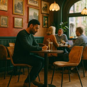 Super-Seat | Ein Mann sitzt allein an einem Cafétisch und schreibt | Zwarte vintage lederstoelen en houten tafels; sfeervol met grote ramen en ingelijste foto's. | Horecameubilair