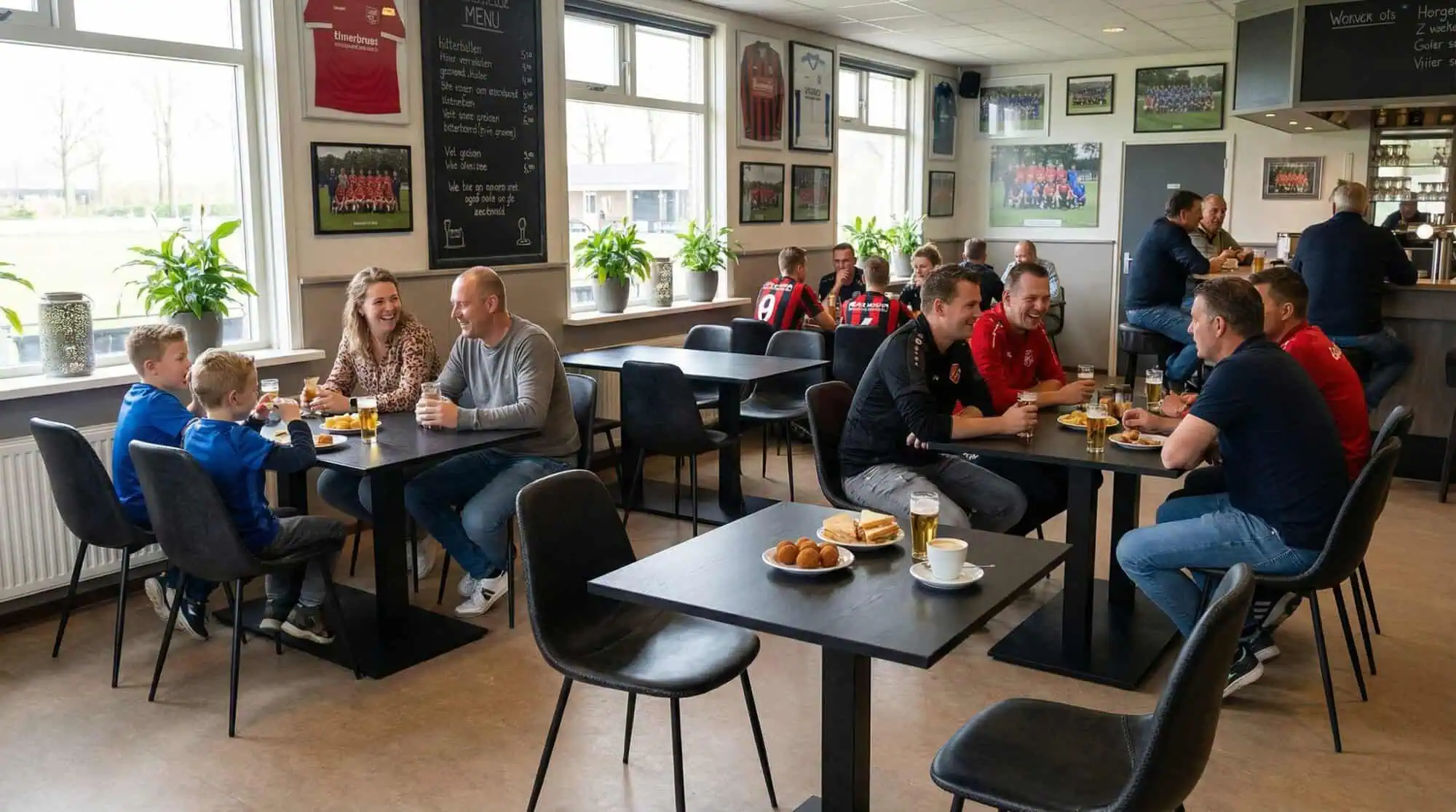 Super-Seat | Houten eiken tafels, zwart metalen onderstel, mix van stoelen en barkrukken in modern café. | Horecameubilair