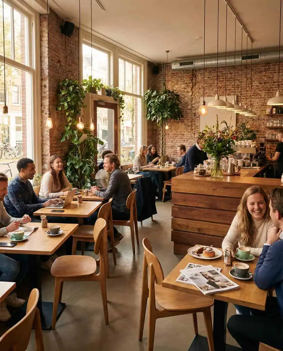 Super-Seat | Scandinavische design stoelen Bonn honing bruin | Houten tafels, honingbruine stoelen, bakstenen muren en grote ramen in een warme café setting. | Horecameubilair