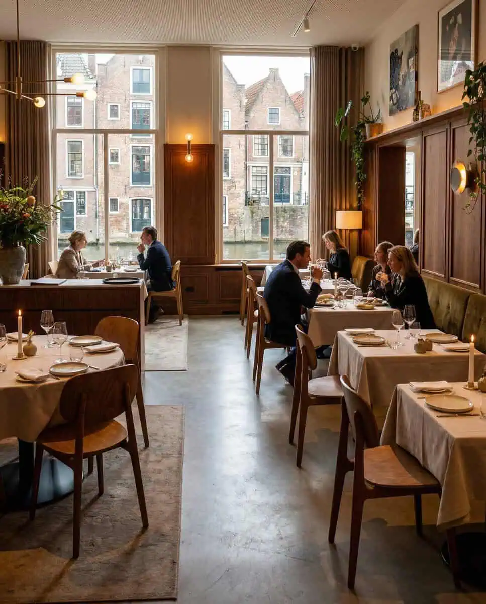 Super-Seat | Scandinavische stoelen Bonn honing bruin stoelen, houten tafels, witte kleedjes & grote ramen in modern restaurant. | Horecameubilair