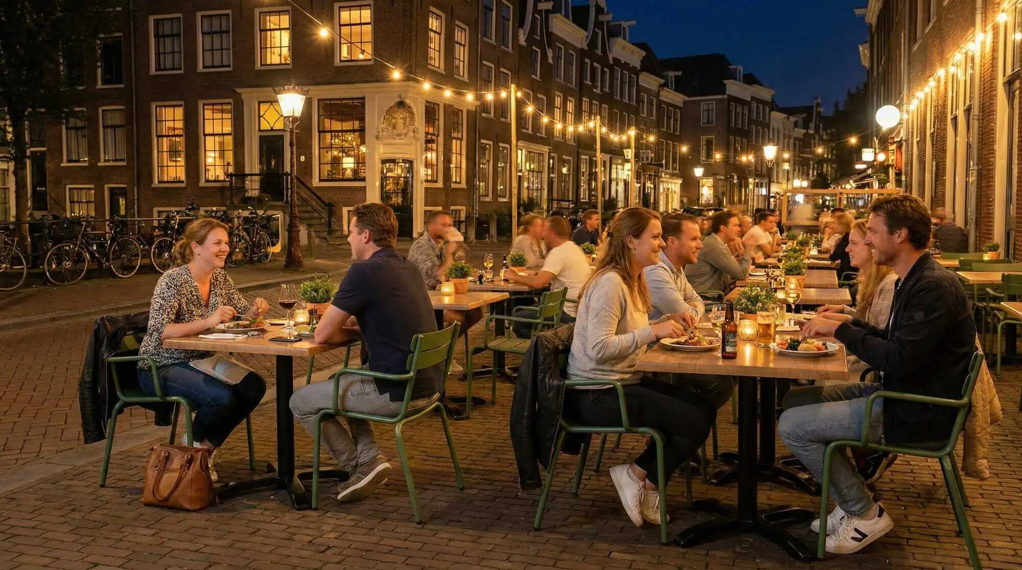 Super-Seat | Wermodin Hospitality Terrassentische Dunkle Metalltische, Holzstühle, stimmungsvolle Beleuchtung und Kerzen in einer gemütlichen Straße. | Catering Möbel