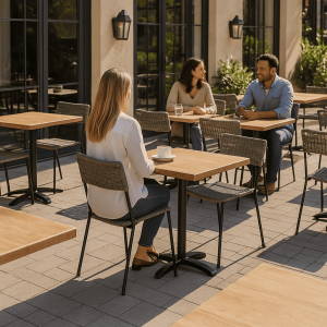 Super-Seat | Werzalit Gastronomie Terrassentischplatten Atacama 70x70cm | Bruine werzalit tafels, metalen stoelen, zonovergoten terras, modern design. | Horecameubilair