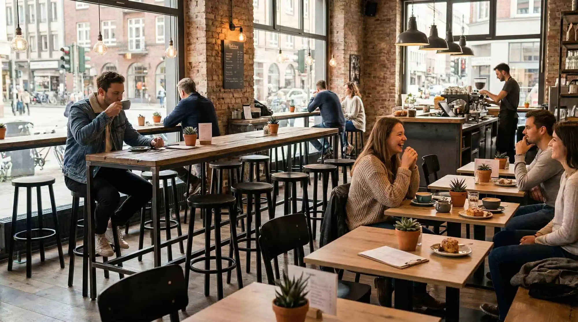 Super-Seat | Industrielle Bistro-Barhocker schwarz / schwarz | Schwarze Barhocker aus Metall und Holztische in einem modernen Café mit Backsteinwänden und großen Fenstern. | Catering Möbel