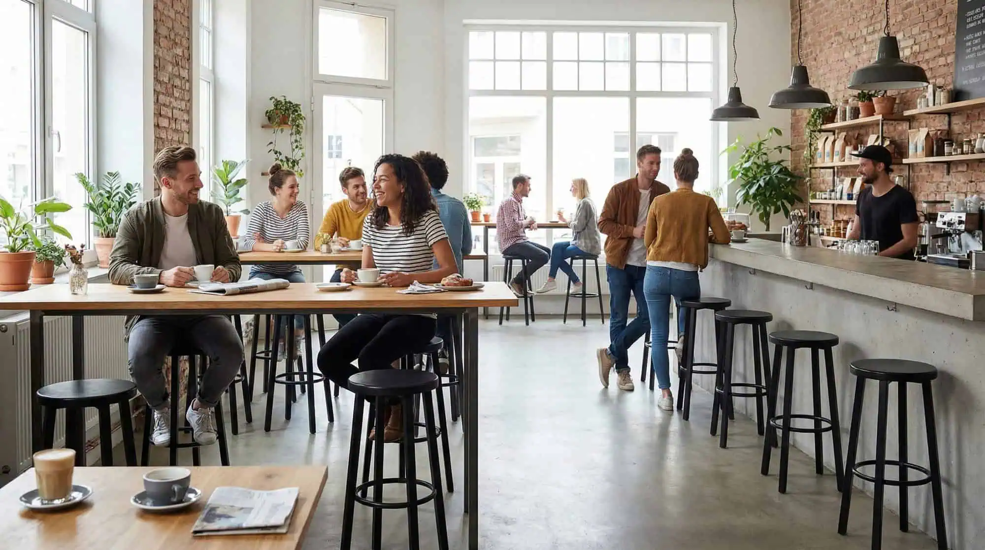 Super-Seat | Industrielle Bistro-Barhocker schwarz / schwarz | Schwarze Barhocker aus Metall, Holztische, Backsteinwände und viele Pflanzen in einem modernen Café. | Catering Möbel