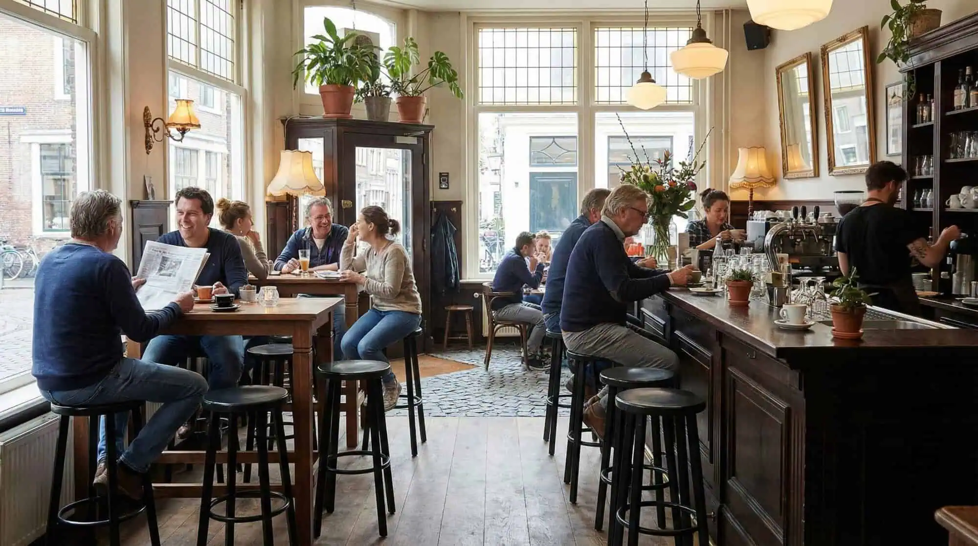 Super-Seat | Barhocker aus schwarzem Metall, Holztische; Mix aus Stahl, Holz und Glas, sonniges Café. | Catering Möbel