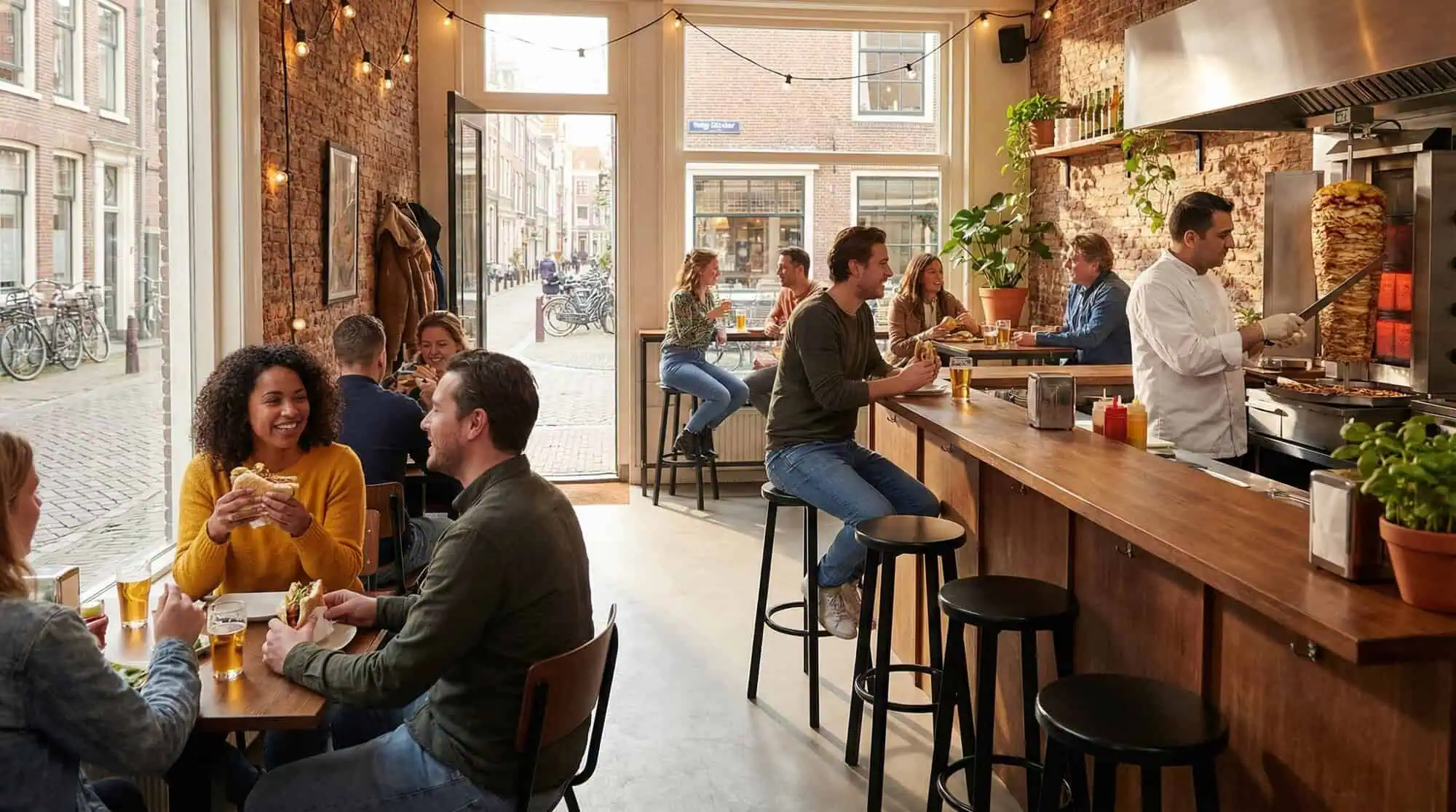 Super-Seat | Schwarze Metallbarhocker an Holztischen in einem gemütlichen Restaurant mit Backsteinwänden und großen Fenstern. | Catering Möbel