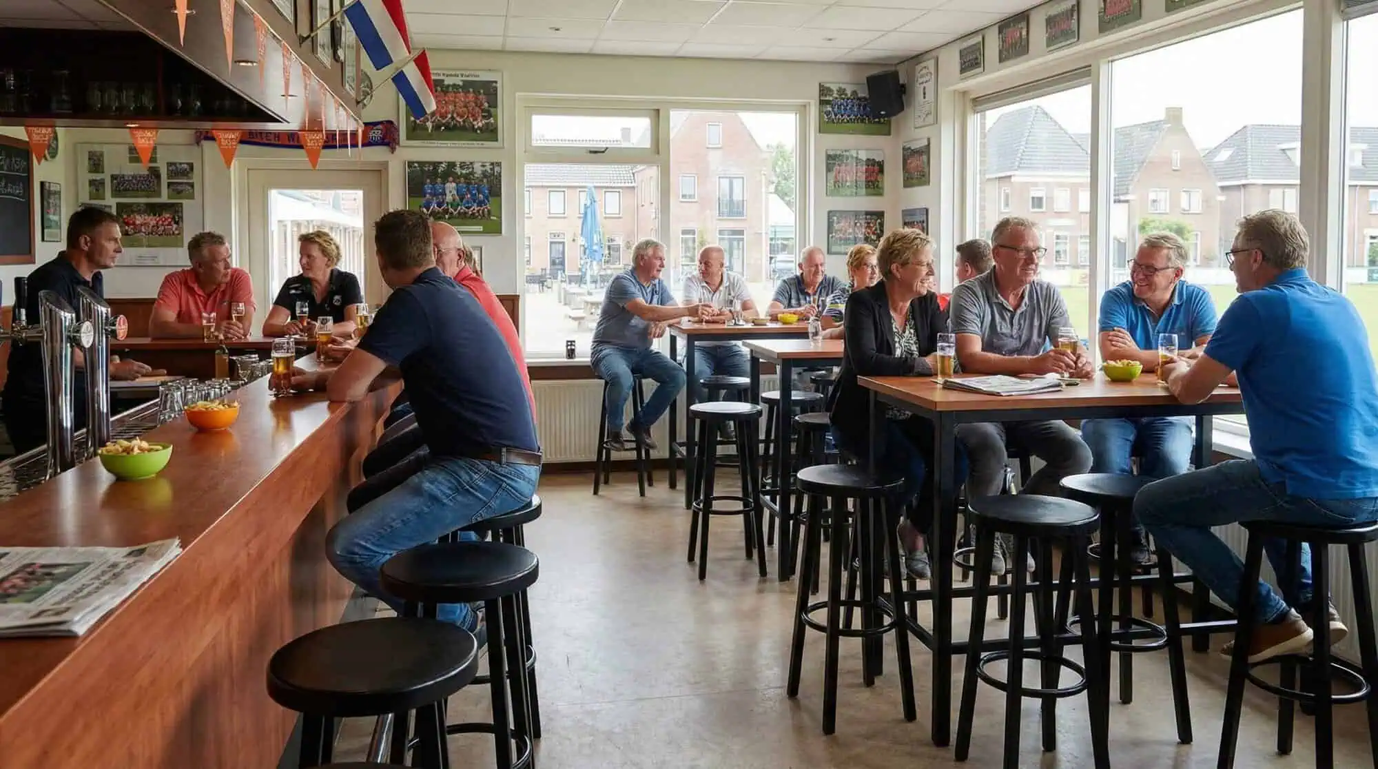 Super-Seat | Schwarze Barhocker aus Metall, Holztische. Große Fenster, luftige Atmosphäre, Menschen im Gespräch. | Catering Möbel