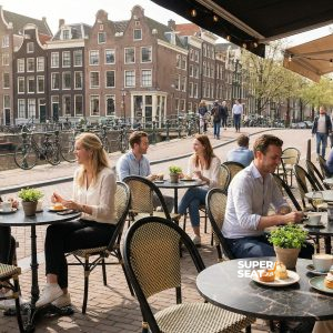 Super-Seat | Terrassen-Tischplatten Schwarze HPL-Marmor-Rundtische, Metallstühle am Kanal mit Backsteinbauten und Fahrrädern. | Catering Möbel