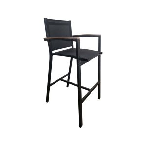 Super-Seat | Der Textilene Catering-Terrassen-Barhocker Sunny Black | Ein eleganter schwarzer Barhocker aus Metall mit Netzsitz und Armlehnen aus Holz. | Horecameubilair
