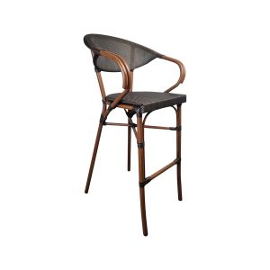 Super-Seat | Der Textilene-Barhocker (Terrasse) | Bruin Hout, Donker Textil, gebogene Rugleuning und Armleuningen, vier Potenzen, Voetsteun. | Horecameubilair