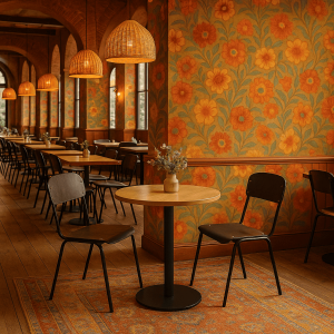 Super-Seat | Ein Restaurantinterieur mit Holzböden, schwarzen Metallstühlen und Gastronomietische Eiche Melamin rund 67cm mit Untergestell | Schwarze Metallstühle, runde Eichenholztische aus Melamin, Holztisch, orangefarbene Blumenbehänge, Hängelampen. | Horecameubilair