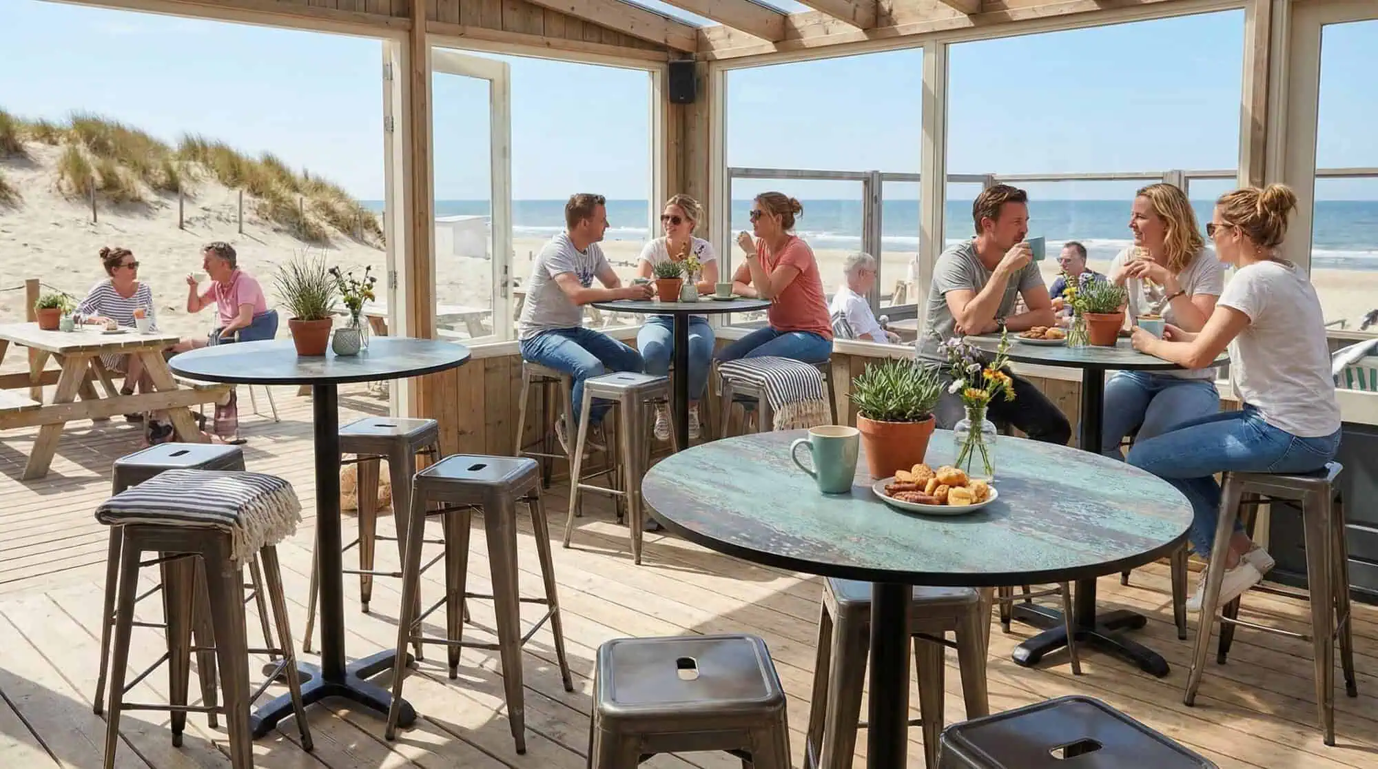 Super-Seat | Stehtische aus schwarzem Metall, Holzstühle für draußen und drinnen mit Blick auf Strand und Meer. | Catering Möbel