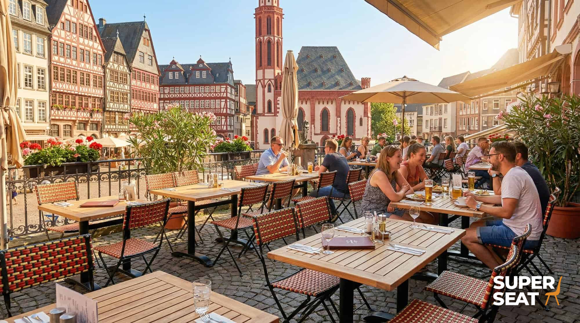 Super-Seat |Tivoli Teak Tischplatten 120x70cm Terrassentische mit Teakholzplatten und Metallstühlen auf einem Platz in der Sonne. | Catering Möbel