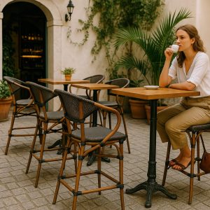 Super-Seat | Eine Frau in weißer Bluse und khakifarbener Hose sitzt allein an einem Cafétisch im Freien | Bruin geschwungen barhocker van metaal/hout, witte mok, grijze stenen patio, plantenbakken. | Horecameubilair