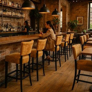 Super-Seat | Eine Frau sitzt allein an einer Bar... | Barkrukken in okergeel velours met zwart metalen poten, houten vloer en bakstenen muren. | Horecameubilair
