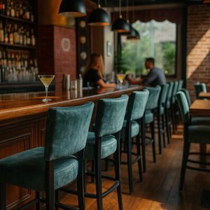 Super-Seat | Lisa Rome Catering Barhocker vintage grün | Twee personen op vintage groene leren barkrukken aan houten bar, met metalen onderstel. | Horecameubilair