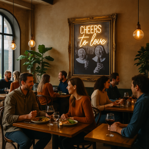 Super-Seat | Paare speisen an Tischen mit Kerzenlicht und schlürfen Wein | Houten tafels, zwarte stoelen; neonkunst in goudkleurige lijst aan de wand |. | Horecameubilair