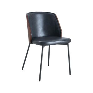 Super-Seat | Die New Yorker Designstühle | Schwarzes Leder, Zitting und Rugleuning in Holzpaneel, schlankes schwarzes Metall, kraftvoll, minimalistisch. | Horecameubilair